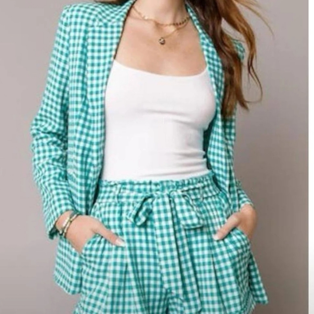 NWT Francesca’s ALYA Green Gingham Blazer Large Preppy Spring Jacket Checkered - Picture 9 of 9